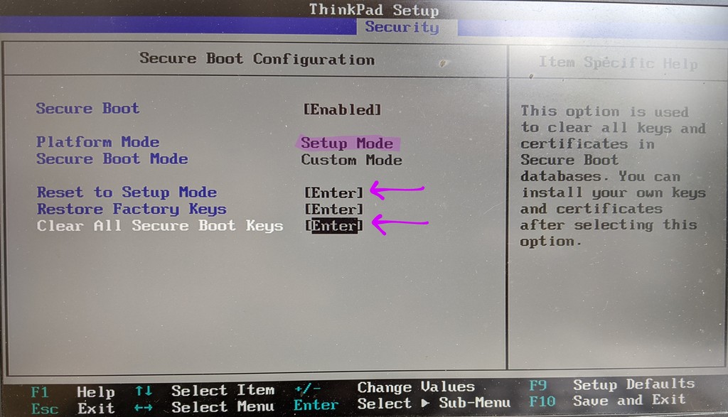 UEFI SecureBoot setup screen